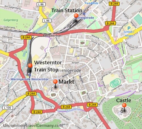 Map of Wernigerode with castle, town square and train stops, Harz Mountains, Germany